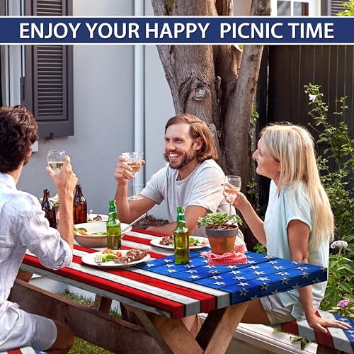 American Flag Picnic Table Cover with Bench Covers Set Wood Texture Waterproof Windproof Camping Rectangle Tablecloths Fitted Picnic Table Cover for Outdoor,Picnic,Camping (Red, 3pcs-72" x 30")