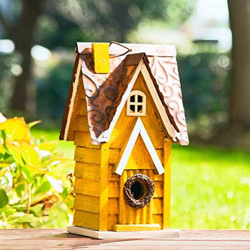 Glitzhome 12" H Yellow Distressed Solid Wood Cottage Birdhouse Hanging Bird House for Outdoors