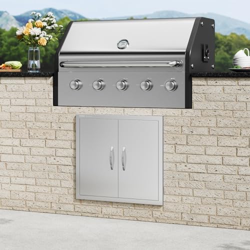 VEVOR BBQ Access Door, 26W x 24H Inch Double Outdoor Kitchen Door, Stainless Steel Flush Mount Door, Wall Vertical Door with Handles, for BBQ Island, Grilling Station, Outside Cabinet, Silver