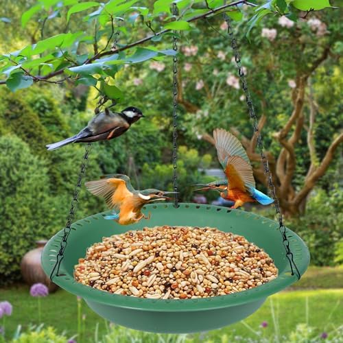 2 Pack Hanging Bird Feeder Tray 12 inch with Drainage Holes Fit Most Seed, Bird-Feeder Hanging for Garden Yard Outside, Green