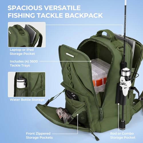 KastKing Karryall Medium Fishing Tackle Backpack With Rod Holder, 4 Tackle Boxes, Water-resistant Fishing Bag Storage Fishing Gear and Equipment