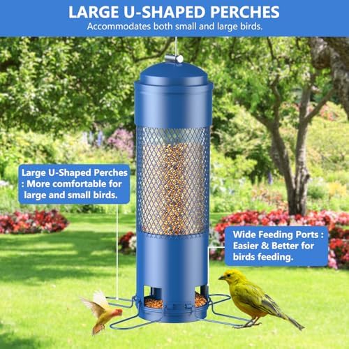 Bird Feeders for Outdoors Squirrel Proof with Weight-Activated Perches, Hanging Bird Feeder for Outside, Metal Feeder for Wild Cardinal, Finch, Blue Jay, Chickadee, 3LB Seed Capacity, Blue