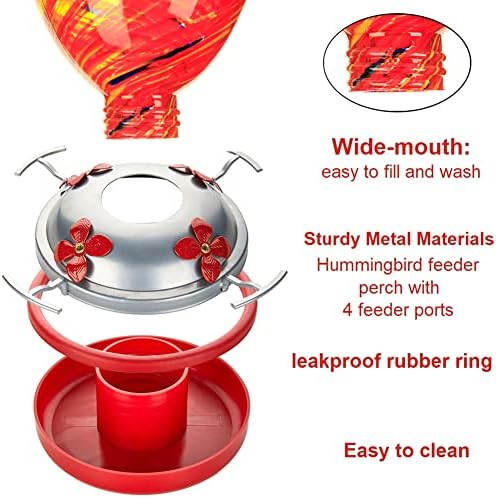 REZIPO Hummingbird Feeder with Perch - Hand Blown Glass - 38 Fluid Ounces Hummingbird Nectar Capacity Include Hanging Wires and Moat Hook (Yellow)