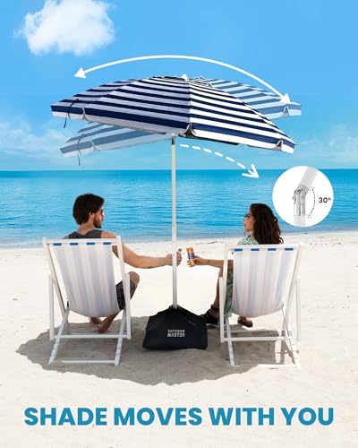 OutdoorMaster Beach Umbrellas for Sand with Sandbag & Anchor, 6.5ft Adjustable Umbrella for Beach Heavy Duty Wind, Portable UPF50+ Sunshade with Carry Bag for Patio, Navy Striped