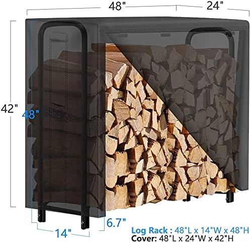AMAGABELI GARDEN & HOME 4ft Firewood Rack with Cover Outdoor Heavy Duty 600D Oxford Outdoor Firewood Storage Cover Heavy Duty Steel Wood Holder for Patio Combo Set Black