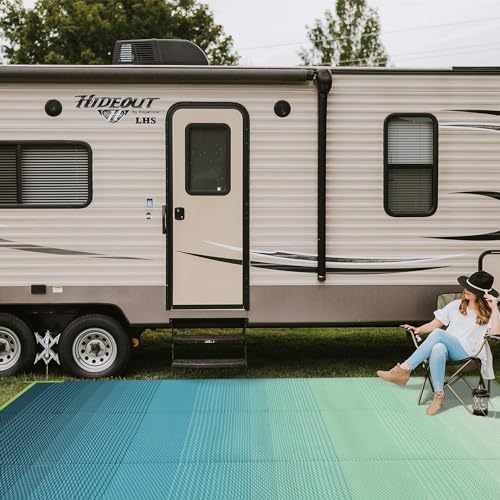 Anidaroel 8x10ft Ombre Outdoor Rug for Patios Clearance, Waterproof Camping Rug for Outside RV, Reversible Plastic Straw Outside Rugs, Large Outdoor Area Rug for Camper, Picnic(Blue&Green,8'x10')