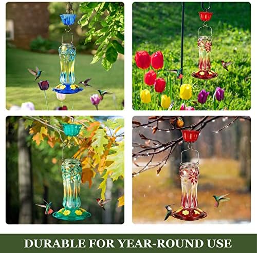 Kingsyard Hummingbird Feeder for Outdoors Hanging, 25 Ounces, Glass Humming Bird Nectar Feeder with Ant Moat & 6 Feeding Ports, Leak Proof, Red