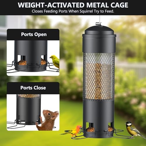 Bird Feeders for Outdoors Squirrel Proof with Weight-Activated Perches, Hanging Bird Feeder for Outside, Metal Feeder for Wild Cardinal, Finch, Blue Jay, Chickadee, 3LB Seed Capacity, Black