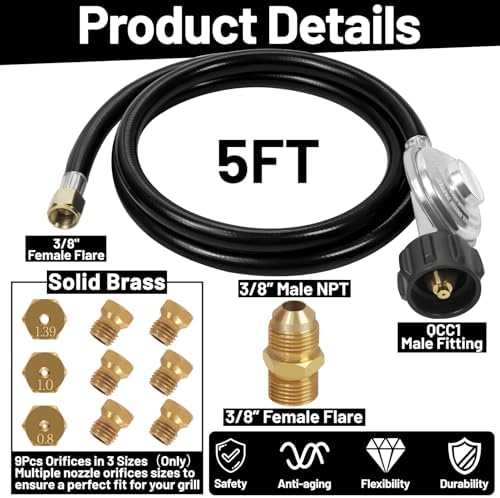 Natural Gas to Propane Conversion Kit for Weber Genesis or Genesis II Grill, Weber Spirit II 310/315, from NG to LP Gas Conversion Kit Includes 5FT Propane Regulator Hose, 9 Orifice Adapter in 3 Sizes