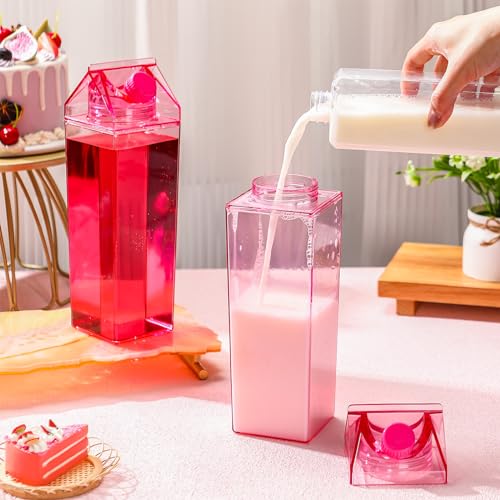 Remerry 3 Pcs 34oz Milk Carton Water Bottle Square Milk Bottle Plastic Coffee Milk Carton Bottle Portable Reusable Milk Carton Cup Leakproof Carton Shaped Juice Bottle (Pink)