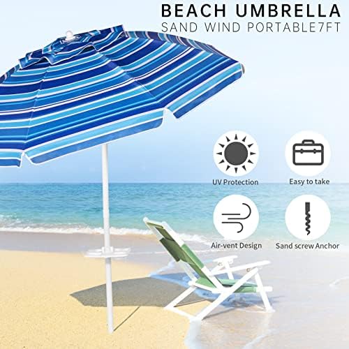 Aoxun 6.5ft Beach Umbrella with Tray and Tilt Pole Portable Patio Umbrella with Sand Anchor and Carry Bag Outdoor UPF 50+ Sun Shelter with Air Vents Design (Navy Blue)