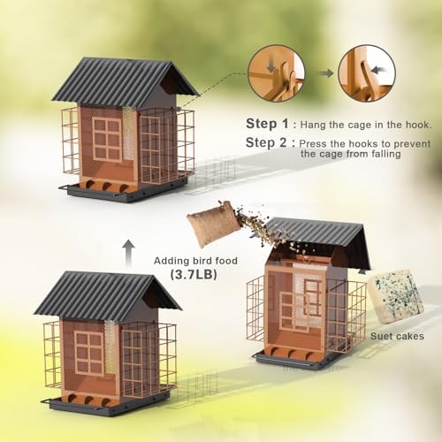 Bird Feeders for Outdoors Hanging, Metal Bird Feeder with Double Suet Cage Cake, Large Capacity, Birdfeeders Sturdy & Weatherproof, Easy to Clean & Refill, Great for Attracting Wild Birds