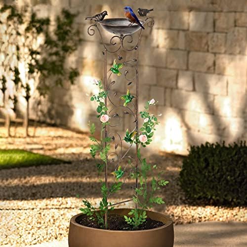 Antique Garden Iron Trellis with Decorative Hummingbirds Detachable Bird Bath Bowl Metal Potted Plant Support for Climbing Flowers