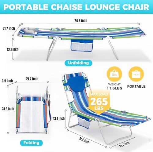 #WEJOY Folding Tanning Chair with Face Hole, 5 Positions Face Down Beach Lounge Chairs with Pillow for Outside Sunbathing Poolside (Blue/Green)