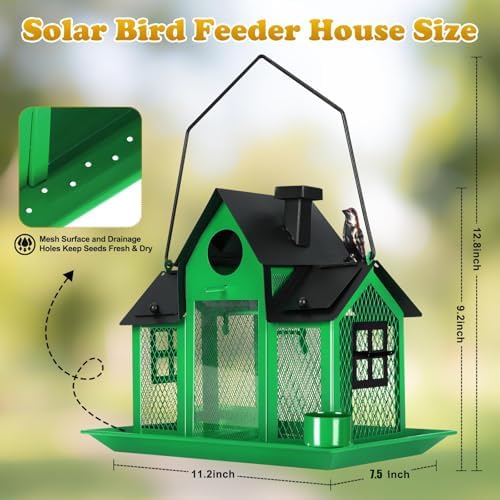 Solar Bird Feeders House for Outside Hanging, Metal Wild Bird Feeder for Outdoors, Large Cardinal Bird Feeder Birdhouses Green