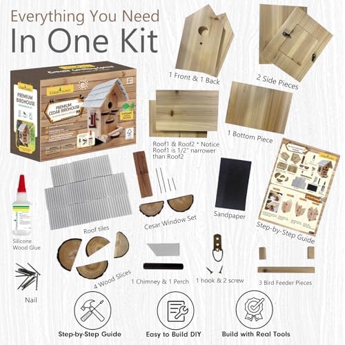 Premium Wooden Bird House Kit - Birdhouse for Outside - Build it Yourself Birdhouse Kits for Adults to Build - Woodworking Adult Crafts & DIY - Easy Open for Cleaning