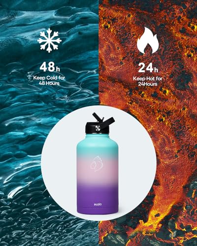 BUZIO 64oz Insulated Water Bottle Stainless Steel Double Wall Leak Proof Half Gallon with Straw Lid and Flex Cap (Cold for 48 Hrs) Sports Flask Metal Travel Mug for Hiking Cycling, Hydrangea