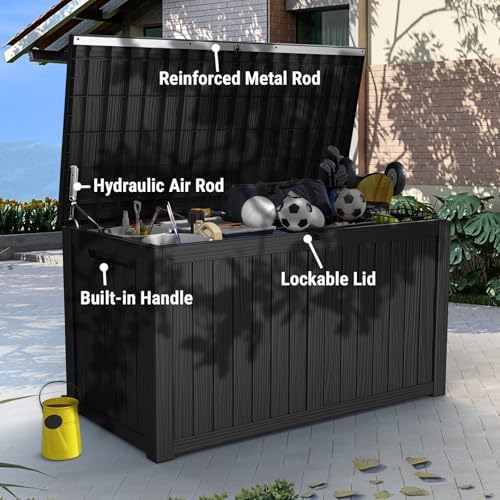180 Gallon Outdoor Storage Box Waterproof, Extra Large Resin Deck Box, Outside Storage Bin for Patio Furniture Cushions, Pool Supplies, Sports Gear, UV Resistant and Weatherproof, Black