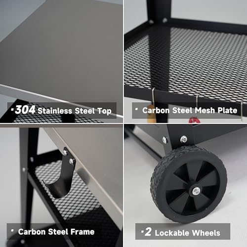 Stainless Steel Outdoor Grill Cart with Wheels, Heavy-Duty 3-Tier BBQ Prep Table for Pizza Oven, Griddle, Patio – Rustproof Commercial Kitchen Cart with Tool Hooks