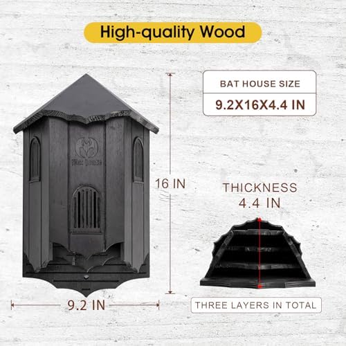 Wooden Castle Bat Houses for Outside Bat Box for Outdoors - Large Three Chamber Box Perfectly Designed to Attract Bats - Durable and Easy to Hang(Bat House Ⅰ Black)