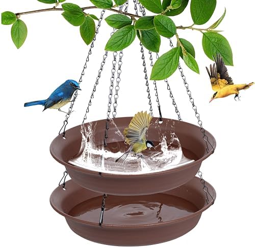 Hanging Bird Bath, Hanging Bird Water Feeder for Outdoors, Feeder Bowl, 2 Pack Birdbath Tray Accessories for Outside, Plastic Birdbaths Tray for Garden Patio Decoration (16", Chocolate)