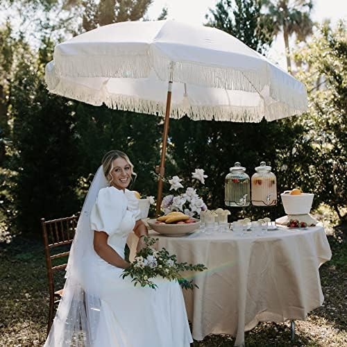 AMMSUN 7ft Patio Umbrella with Fringe Outdoor Tassel Umbrella UPF50+ Premium Steel Pole and Ribs Push Button Tilt, Cream White