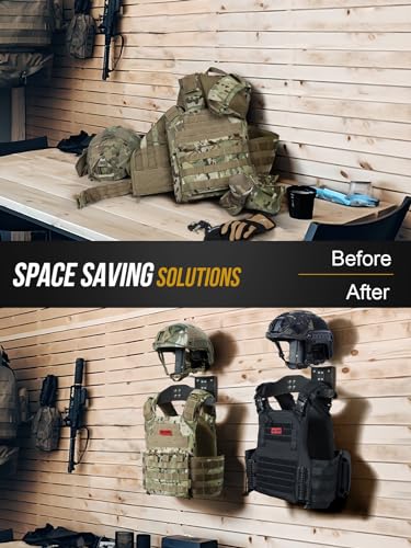 OneTigris Motorcycle Helmet Holder Wall Mount, Tactical Gear Holder with Helmet Stand and Plate Carrier Hanger, Solid Wood Wall Rack Organizer & Display for Police, Football, Cycling Gear