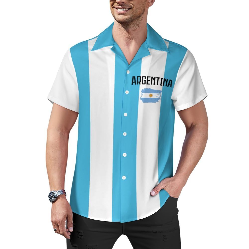GIF4FOT Custom 2024 Argentina Soccer Cuban Neck Shirt Hawaii Short Sleeve Personalized Name Number for Men Sports Gift, Small