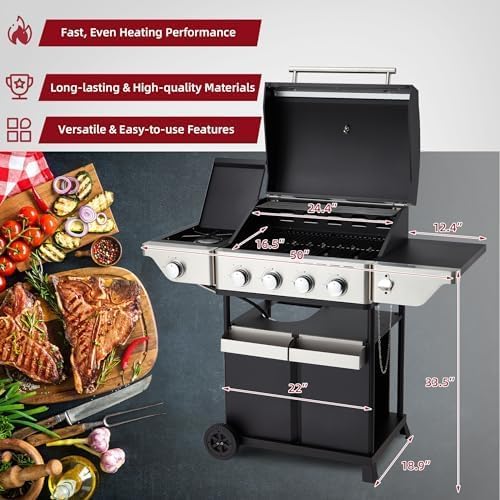 4-Burner outdoor grill with Side Burner, Stainless Steel Spice Rack 542 Sq.In BBQ, 45,000 BTU Portable Propane Grill Output for Outdoor Cooking Kitchen, gas grills Barbecue
