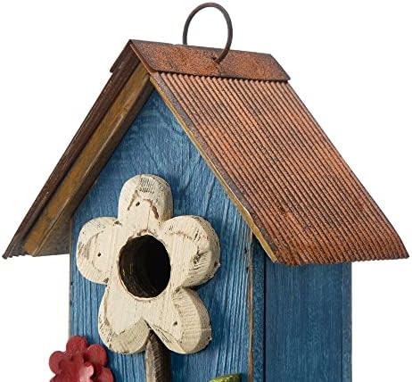 Glitzhome 10.2" H Hanging Bird House for Outdoor Patio Garden Decorative Birdhouse Pet Cottage Distressed Wooden Birdhouse, Flower Rustic Blue