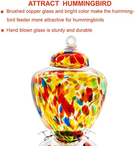 REZIPO Hummingbird Feeder with Perch - Hand Blown Glass - Colored - 38 Fluid Ounces Hummingbird Nectar Capacity Include Hanging Wires and Moat Hook