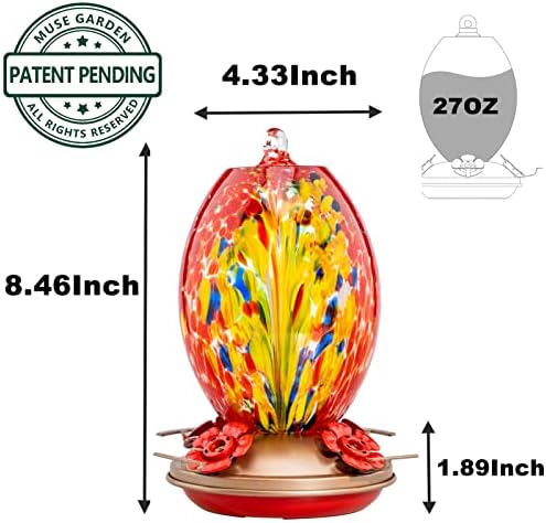 Muse Garden Glass Humming Bird Feeders for Outdoors - 27OZ Blown Glass Hummingbird Feeder - Unique Gift for Mom Bird Lovers Women, Outdoors Hanging Garden Decor, Includes Ant Moat & Brush, Red Phoenix