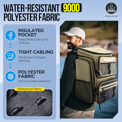 PLUSINNO Fishing Backpack with Rod Holders, 42L Water-resistant Fishing Tackle Bag With 4 Tackle Boxes,Fishing Gear For Camping, Hiking, Fishing Gifts for Men Khaki