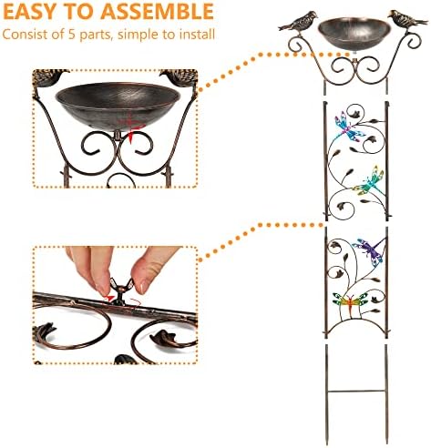 Bird Bath with Trellis Outdoor, Antique Garden Iron Plant Trellis with Decorative Dragonfly Detachable Bird Bath Bowl Metal Potted Plant Support for Climbing Flowers