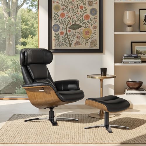Jennifer Taylor Home Jovan 31.5" Mid-Century Modern Genuine Leather Recliner Lounge Chair & Ottoman Set, Shadow Gray Leather