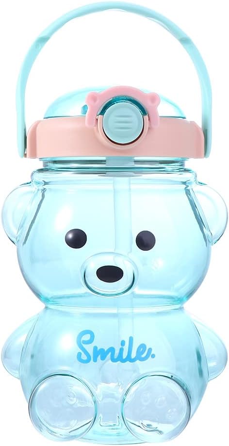 Vctitil Large Capacity Straw Water Cup Cute Bear Belly Cup Outdoor Sports Bottle 1000ml Plastic Water Cup(blue)