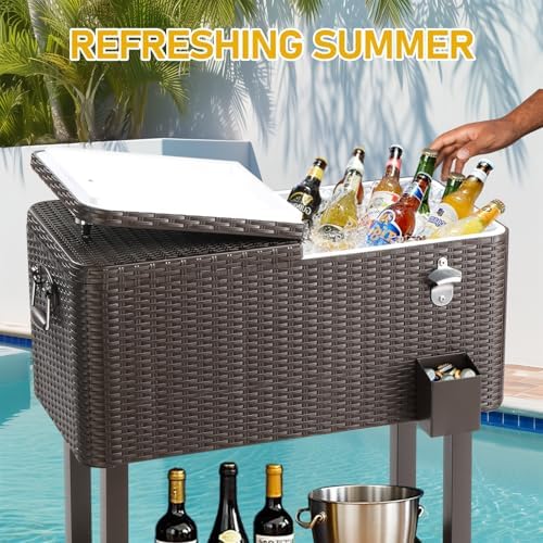 Outvita 80 Quart Rolling Ice Chest, Portable Bar Drink Cooler with Catch Basin, Bottom Storage Tray and Bottle Opener for Patio Party BBQ Beach Activities