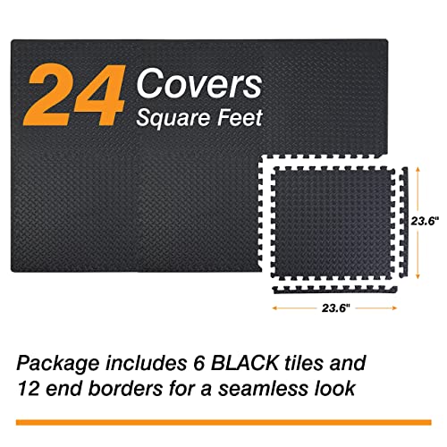 Mat Block Interlocking Foam Tiles Puzzle Mats for Floor 24 SQ FT, 3/4 inch, 6 Tiles, EVA Gym Mat Flooring Exercise Equipment Mat for Home Gym Equipment,APM101BK, Black