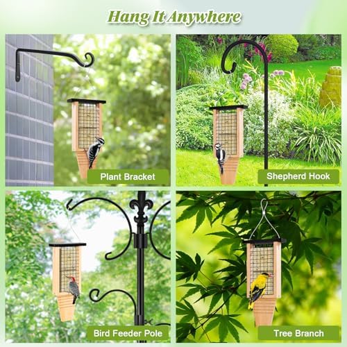 Wooden Suet Bird Feeder for Outside Hanging, Large Woodpecker Suet Feeder with Tail Prop, Hanging Bird Feeder for Wild Birds, 1 Pack, Black