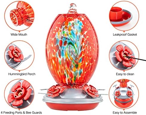 Muse Garden Glass Humming Bird Feeders for Outdoors - 27OZ Blown Glass Hummingbird Feeder - Unique Gift for Mom Women Grandparents, Outdoors Hanging Garden Decor, Includes Ant Moat & Brush, Red Swirl