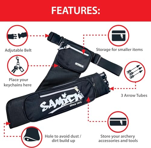 SAMICK SPORTS Archery Arrow Quiver - Adjustable Waist Hanged Quiver with 3 Removable Tubes & Pockets for Archery Arrows Case & Equipment - Ideal for Hunting & Target Practice - Right Handed Only
