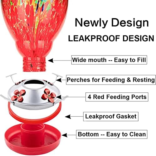 WOSIBO Hummingbird Feeder for Outdoors Patio Large 32 Ounces Colorful Hand Blown Glass Hummingbird Feeder with Ant Moat Hanging Hook, Rope, Brush and Service Card (Red-Sunrise)