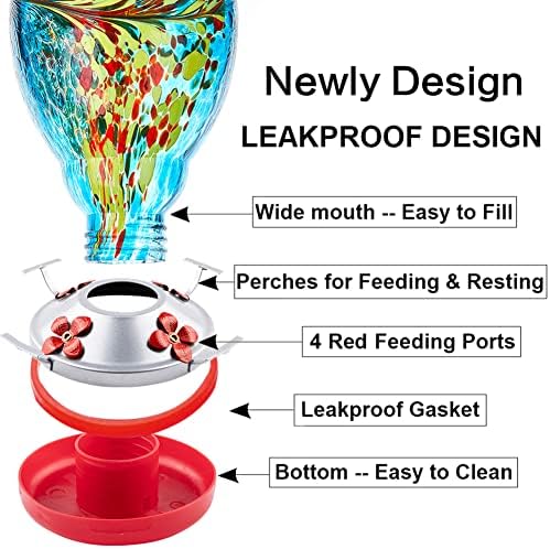 WOSIBO Hummingbird Feeder for Outdoors Patio Large 32 Ounces Colorful Hand Blown Glass Hummingbird Feeder with Ant Moat Hanging Hook, Rope, Brush and Service Card (Blue)