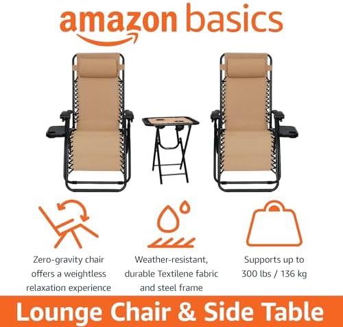 Amazon Basics Outdoor Patio Mesh Adjustable Zero Gravity Lounge Chair Recliners set of 2 with Side Table, 35 x 26 x 43 inches, Beige
