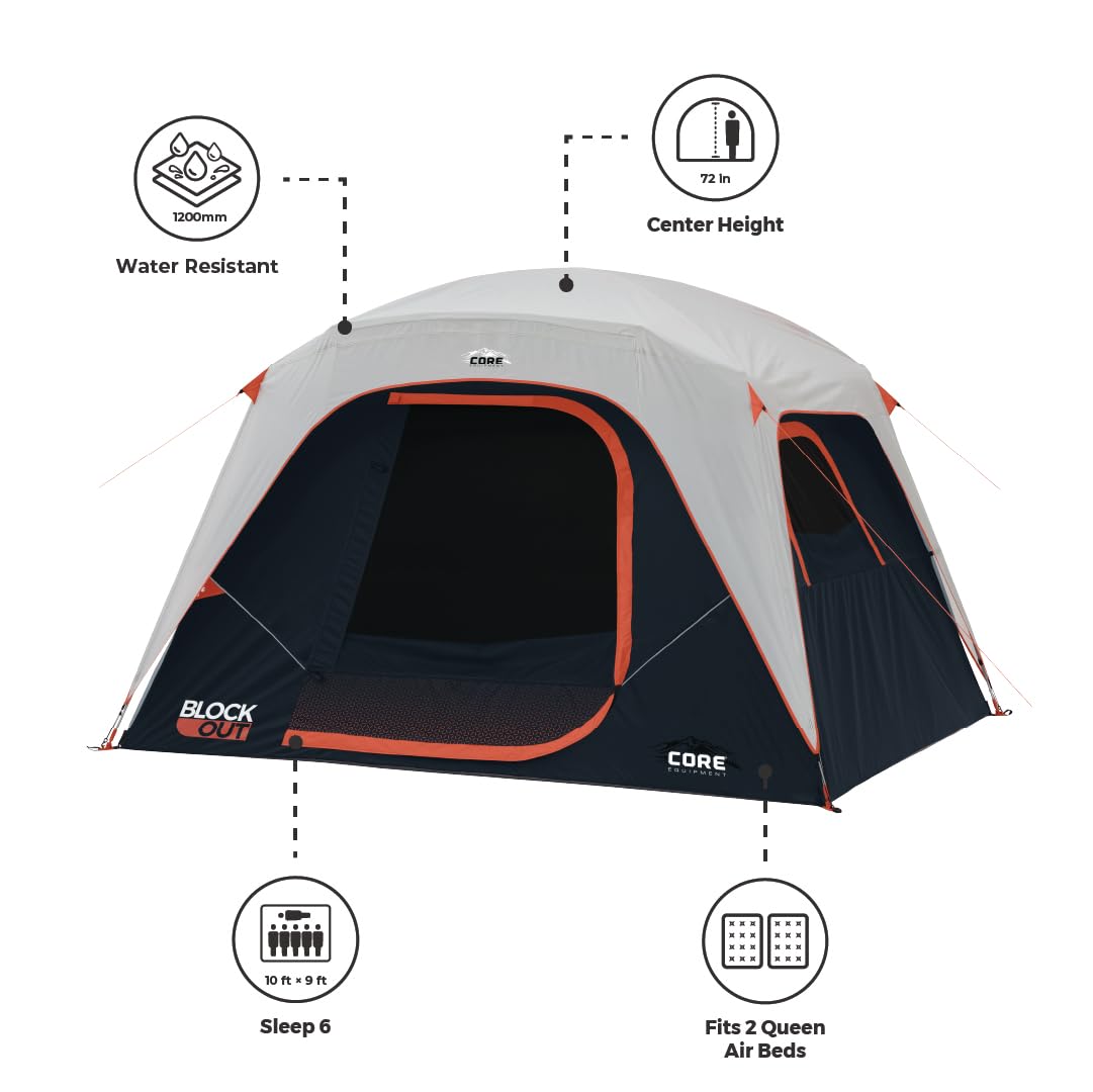 CORE Blackout 6 Person Dome Tent | Portable Car Camping Outdoor Family Dark Room Tent | Included Wall Organizer for Camping Accessories