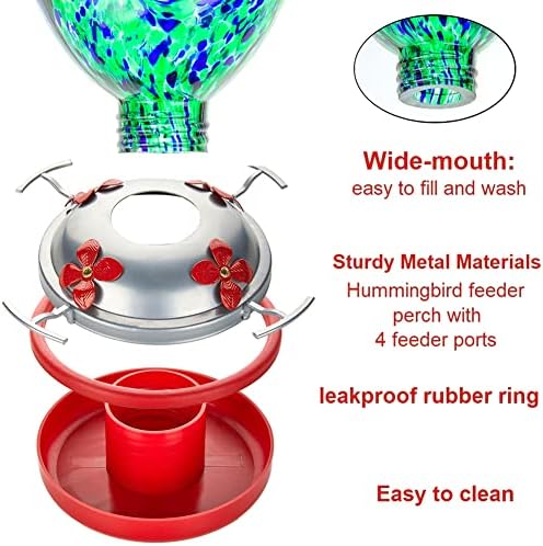 REZIPO Hummingbird Feeder with Perch - Hand Blown Glass - Green(Firework) - 38 Fluid Ounces Hummingbird Nectar Capacity Include Hanging Wires and Moat Hook, blue/Green