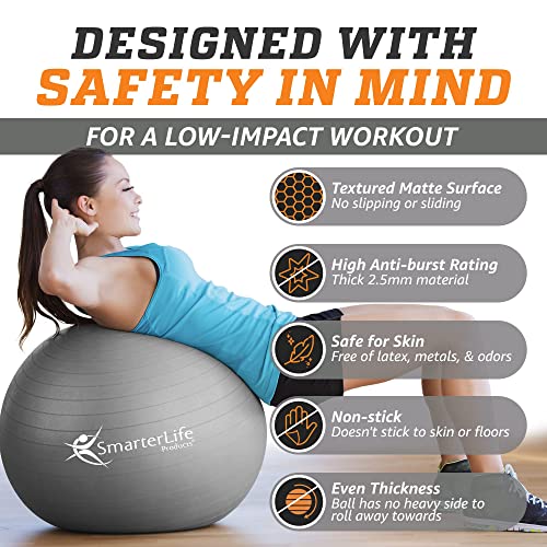SmarterLife Workout Exercise Ball for Fitness, Yoga, Balance, Stability, or Birthing, Great as Yoga Ball Chair for Office or Exercise Gym Equipment for Home, Non-Slip Design (45 cm, Silver)