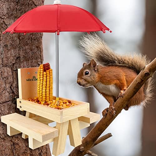 MIXXIDEA Squirrel Feeder Table with Umbrella, Wooden Squirrel Picnic Table Feeder, Sturdy Squirrels Feeder Corn Cob Holder, with Solid Structure and 2 x Thick Benches(1pk)