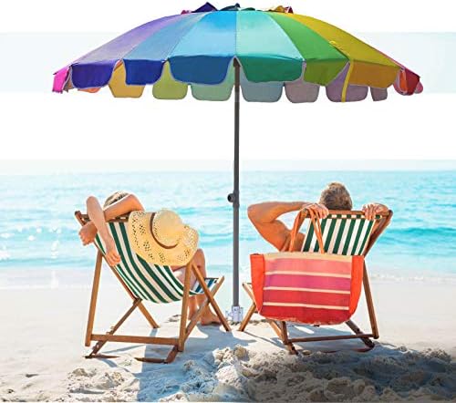 AMMSUN 7.5ft Large Heavy Duty HIGH Wind Beach Umbrella with sand anchor & Tilt Sun Shelter, UPF 50+ Protection Outdoor Umbrellas Sunshade with Carry Bag for Patio Garden Pool Backyard Rainbow