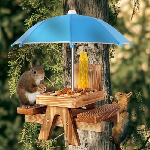 Gnodary Squirrel Feeder with Umbrella, Squirrel Feeders for Outside, Squirrel Picnic Table Feeder - Chipmunk Feeder Hold Corn, Corn Cob, Peanuts (Light-Blue)